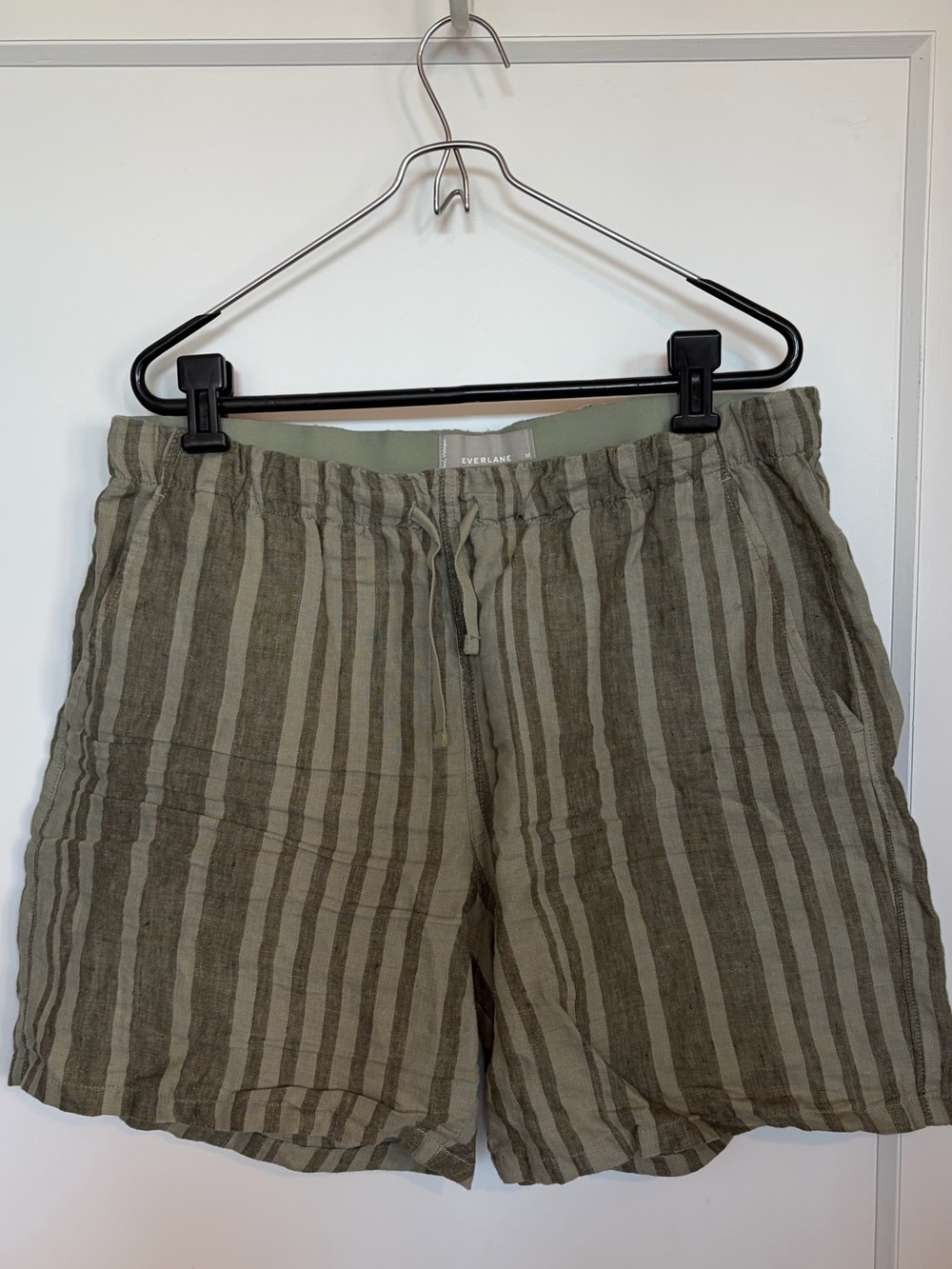 Everlane Olive and Taupe Striped Linen Drawstring Shorts